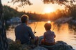 © Alla - A father and son duo enjoying a day of fishing on a rocky outcropping, with calm waters and a scenic background