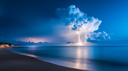 Wall Mural - beautiful blue sky with a large cloud and lightning in the distance. the sky is calm and peaceful, w