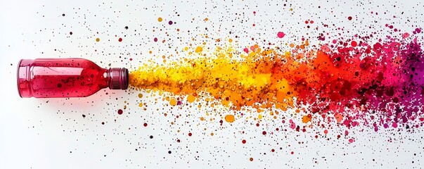 Poster - Vibrant Splash of Color from Juice Bottle Creating an Artistic Explosion on White Background
