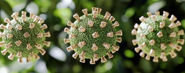 Poster - Detailed Close-Up of Virus Structure with Spikes, Surrounded by Greenery for Educational and Informative Use