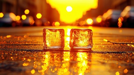 Poster - Ice Cubes Reflecting Sunset Light on Street with Warm Glow and Soft Bokeh Background