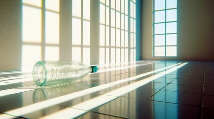 Poster - Sunlit Room with Glass Bottle and Shadows on Floor Captured in Modern Minimalist Style