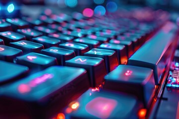 Poster - close-up of a computer keyboard with red and blue lights