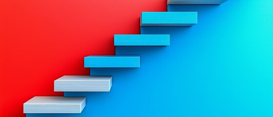 Poster - Blue and red staircase with white steps. The blue and red colors are contrasting and the white steps are a nice touch
