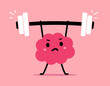 © wowomnom - Vector cartoon illustration of strong serious brain character exercise with weight on pink color background. Flat doodle style design of healthy brain lift barbell up easy