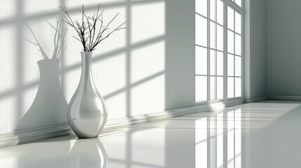 Poster - Elegant minimalist room interior with white walls, modern vase, and soft daylight casting shadows on polished floor