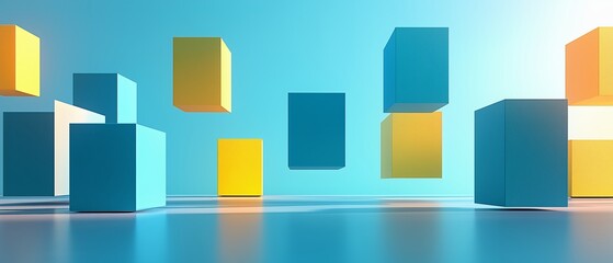 Poster - Blue and yellow cube is flying through the air. The image is a collage of many cubes in various colors and sizes