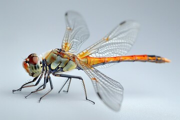 Poster - A detailed image of a dragonfly sitting on a white surface