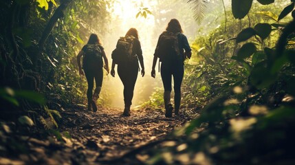 Wall Mural - Group of people hiking or trekking in a dense forest with trees and underbrush