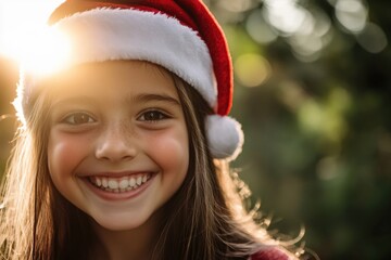 A joyful young girl smiling while wearing a festive Santa hat