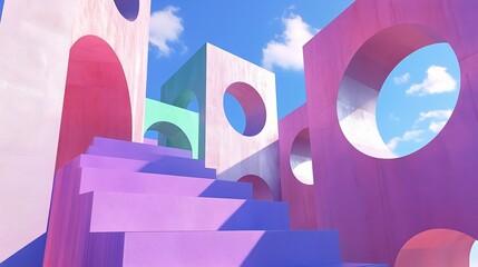 Poster - colorful building with pink, green, and blue walls. the building has a lot of stairs and a lot of wi