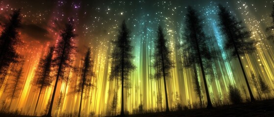 Wall Mural - forest with trees in a rainbow of colors. the trees are lit up with a glow, giving the impression of