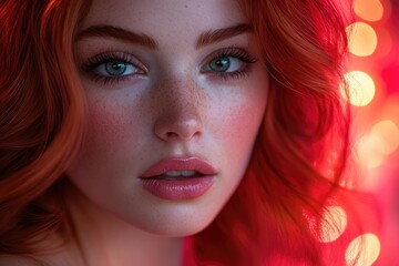 Wall Mural - A close-up shot of a woman with bright red hair, looking straight into the camera