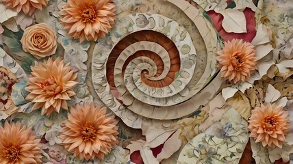 Poster - Peach Dahlias and Rose Spiraling Design Abstract Art
