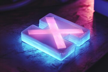Poster - Neon Lit Cross Shape Design in Vibrant Purple and Blue Glow on a Textured Surface, Capturing Modern Artistic Aesthetics and Creative Lighting Techniques