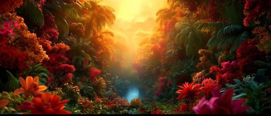 Wall Mural - lush green forest with a river running through it. the trees are full of colorful flowers and leaves