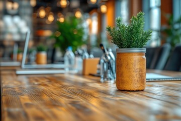 Poster - A potted plant sitting on top of a wooden table, great for interior design and home decor images