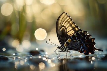 Poster - A butterfly perches on the edge of a small puddle of water, its delicate wings spread out