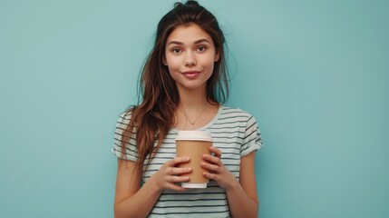 Wall Mural - A young woman holds a cup of coffee, a morning routine