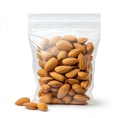 Sticker - Raw Almonds in Transparent Bag on White Background for Healthy Snack