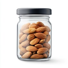 Wall Mural - Almonds in a Clear Glass Jar with Black Lid on White Background