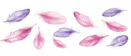 Poster - Row of feathers in pink and purple colors. The feathers are scattered across the image, creating a sense of movement and freedom. The colors of the feathers evoke a feeling of softness and delicacy