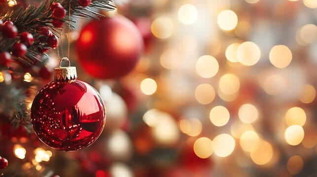 Christmas tree with red baubles on bokeh background. - Generated AI