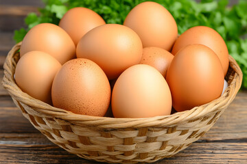 Wall Mural - Fresh brown eggs in a wicker basket on a wooden table.