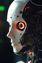Poster - A close-up view of a robot's head with glowing red eyes