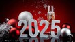 © Design Hub - New Year's celebration, 2025, festive decorations, champagne glass, red and silver ornaments, snowflake patterns, elegant and festive atmosphere, dramatic lighting, vibrant colors, high contrast