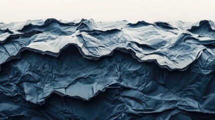 Wall Mural - Crinkled dark paper texture resembling waves, set against a bright white background, emphasizes depth and contrast, abstract art, close-up view, minimalistic design, creative use.