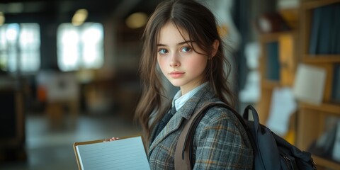 Poster - a young woman sits at a table in a library, holding an open book and deep in thought