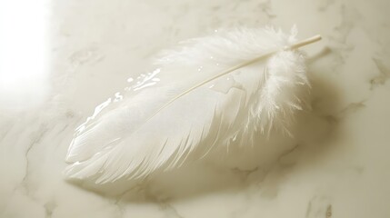 Aufkleber - Delicate water droplet resting on a pristine white feather on a smooth marble surface showcasing elegance and tranquility.