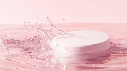 Aufkleber - Calm pink water splash around empty white circle podium for abstract product presentation and cosmetic mockup copy space in sunlight