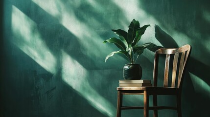 Poster - Wooden chair beside potted plant and stacked books on a textured green wall decor with natural light shadows creating a calming atmosphere