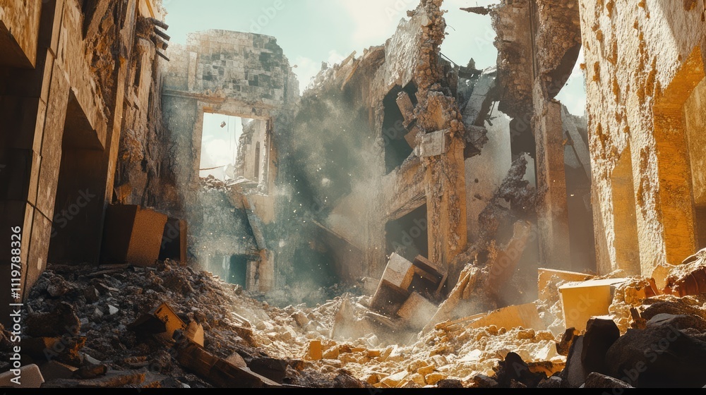 Desolate interior of collapsed building with debris showcasing the ...
