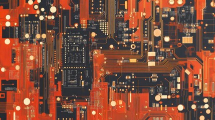 Intricate electronic circuit board design in red and black suitable for wallpaper or illustrated book cover close-up.