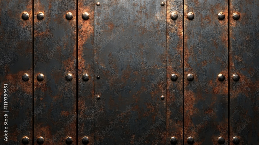Textured dark rusty metal surface background with rivets and corrosion ...