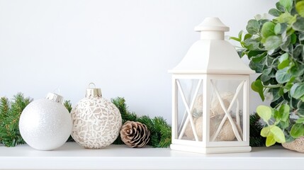 Sticker - Festive still life with white lantern holiday ornaments and greenery on shelf creating a cozy Christmas atmosphere with ample copy space