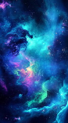 Poster - A blend of liquid neon colors, blue, green, and violet, merging seamlessly, resembling an iridescent cosmic nebula. Vertical element for festive party, seminar talks, social media post