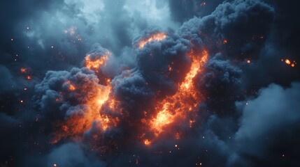 Aufkleber - Dramatic fire explosion with intricate smoke clouds and intense glowing embers against a dark atmospheric background for visual impact.