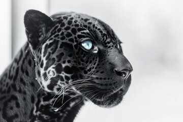 Wall Mural - A close-up shot of a leopard's face with piercing blue eyes in a monochrome tone