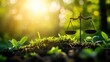 © CreativeBro - Conceptual representation of environmental law and sustainable practices with scales of justice amidst vibrant greenery and natural sunlight.