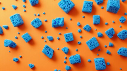 Aufkleber - Falling blue sponges scattered on vibrant orange background with ample copy space for branding or promotional text.