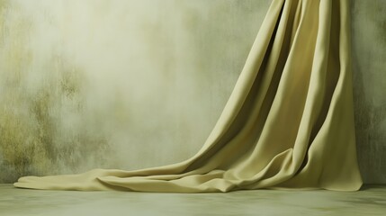 Wall Mural - Soft beige fabric draped elegantly against a textured wall creating a serene backdrop for product display or artistic compositions