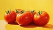 © CreativeBro - Fresh ripe tomatoes with droplets of water on a vibrant yellow background showcasing their natural shine and freshness featured in a creative layout