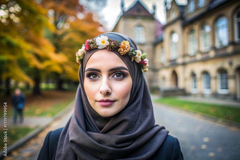 child, headscarf, portrait, scandinavia, sweden, computer, front view ...