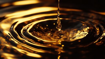 Wall Mural - Close-up of a golden water droplet creating ripples in a dark, reflective surface.