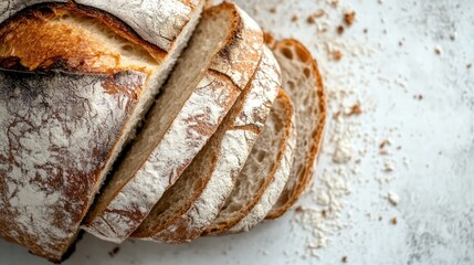 Wall Mural - Freshly baked artisanal sliced bread showcasing texture and crust isolated on white background perfect for culinary use