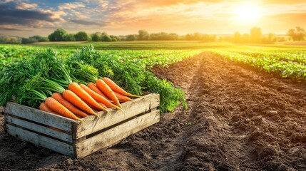 Wall Mural - Freshly Harvested Carrots in Crate, Sunset over Farmland Background. Summer Harvest, Agriculture